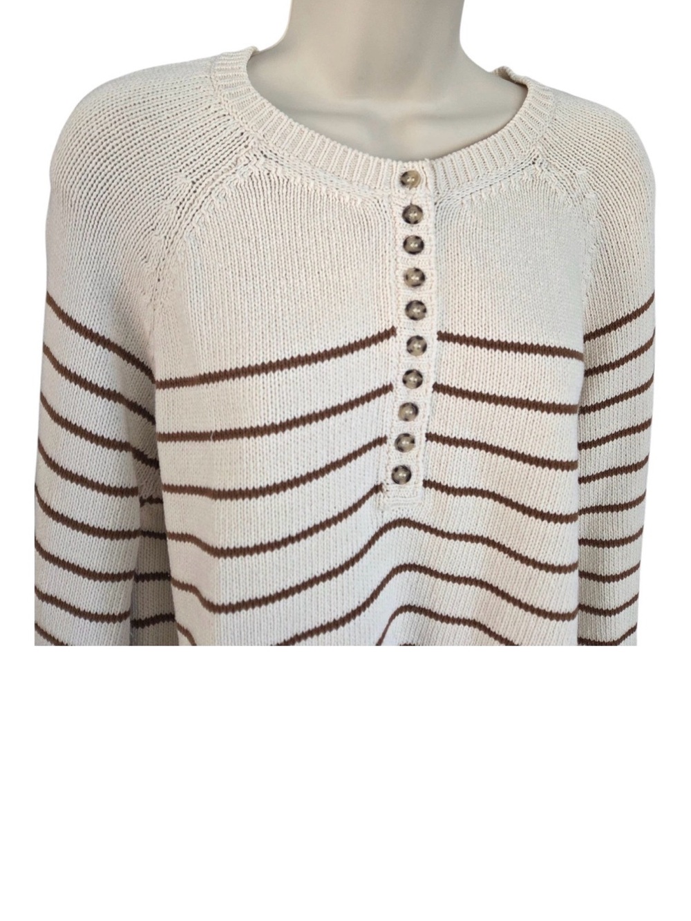 Sezane Cream Sweater with Brown Stripes and Button Henley